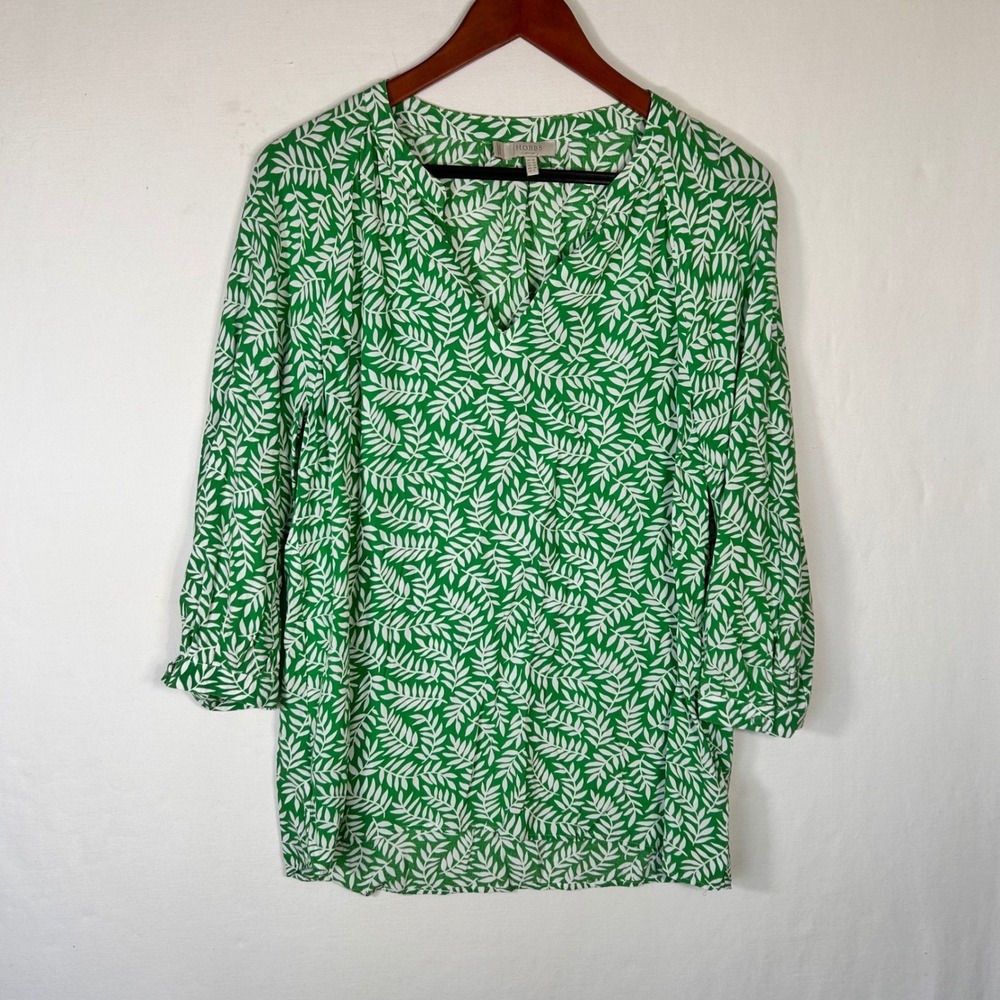 Hobbs London Green White Leaf Print V-Neck Viscose Blouse Top Size US 6 UK 10